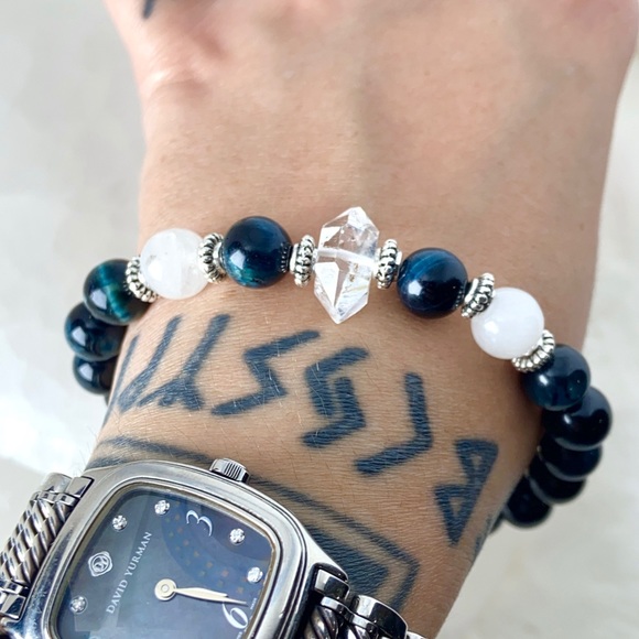 Genuine Herkimer diamond & blue tiger eye gemstones bead boho crystal bracelet - Picture 2 of 16